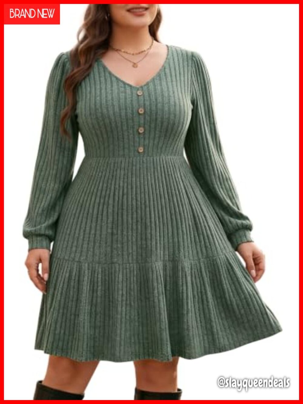 Plus Size Knit Sweater Dress V-Neck Button Front Long Sleeve A-Line Fall Winter